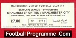 Manchester United v Manchester City 1992 - Football Ticket - football memorabilia