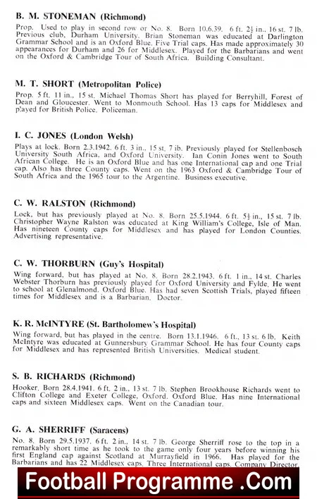 Middlesex Rugby v Warwickshire 1968 - County Championship Final