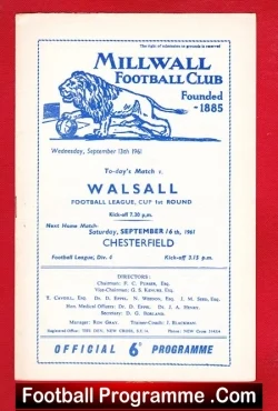Millwall v Walsall 1961 - League Cup - football programme