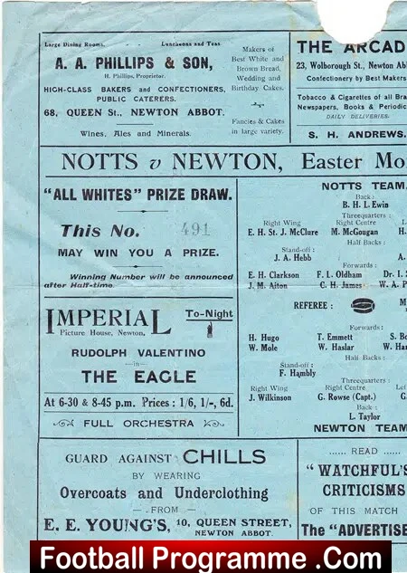 Newton Abbot Rugby v Nottingham 1920 - Notts - 20s Programme