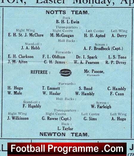 Newton Abbot Rugby v Nottingham 1920 - Notts - 20s Programme