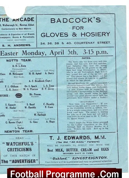Newton Abbot Rugby v Nottingham 1920 - Notts - 20s Programme