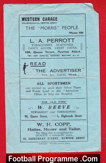 Newton Abbot Rugby v Nottingham 1920 - Notts - 20s Programme