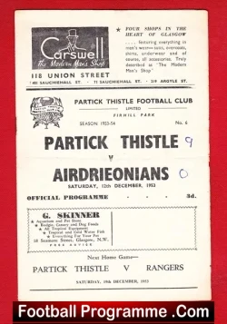 Partick Thistle v Airdrieonians Airdrie 1953 - 1950s Scotland - football programme