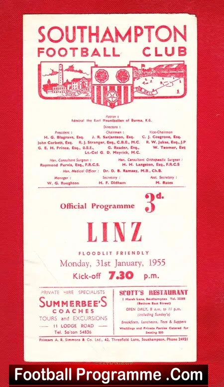 Southampton v Linz 1955 – Friendly Match – Signed