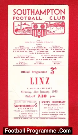 Southampton v Linz 1955 - Friendly Match - Signed - football programme