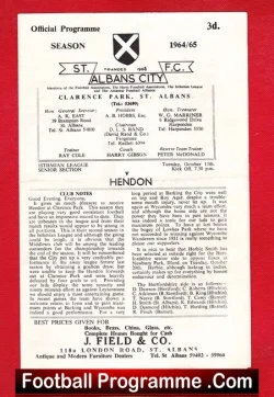 St Albans City v Hendon 1964 - football programme