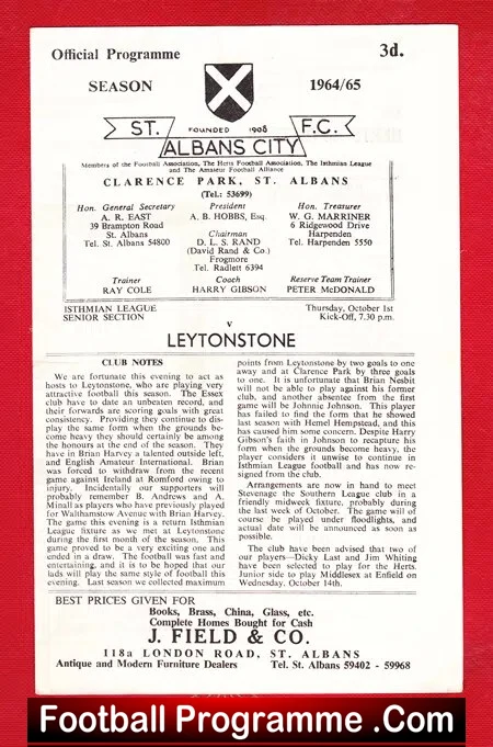 St Albans City v Leytonstone 1964