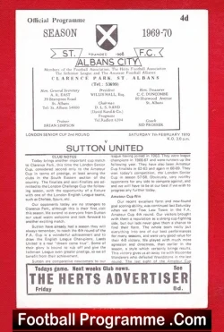 St Albans City v Sutton United 1970 - London Senior Cup - football programme