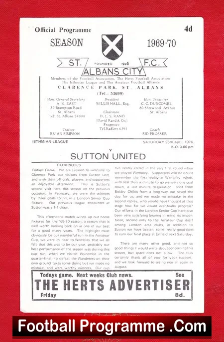 St Albans City v Sutton United 1970 - Isthmian League