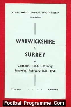 Surrey Rugby v Warwickshire 1958 - County Championship SemiFinal - rugby programme