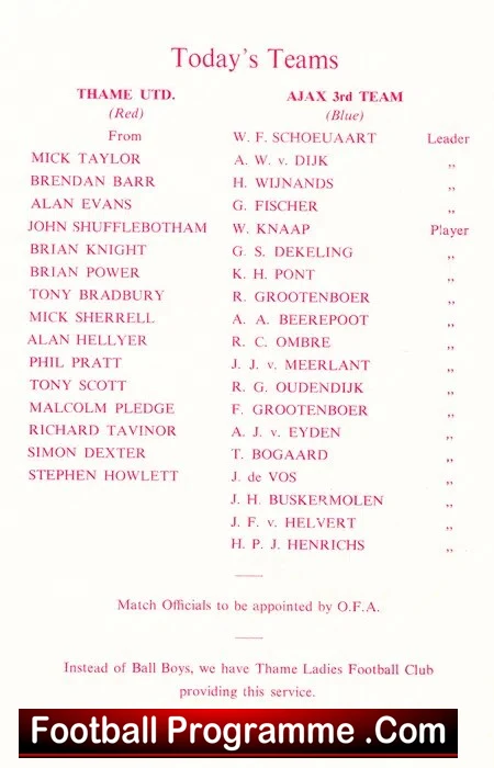 Thame United v Ajax 1976 - Dutch Holland Team