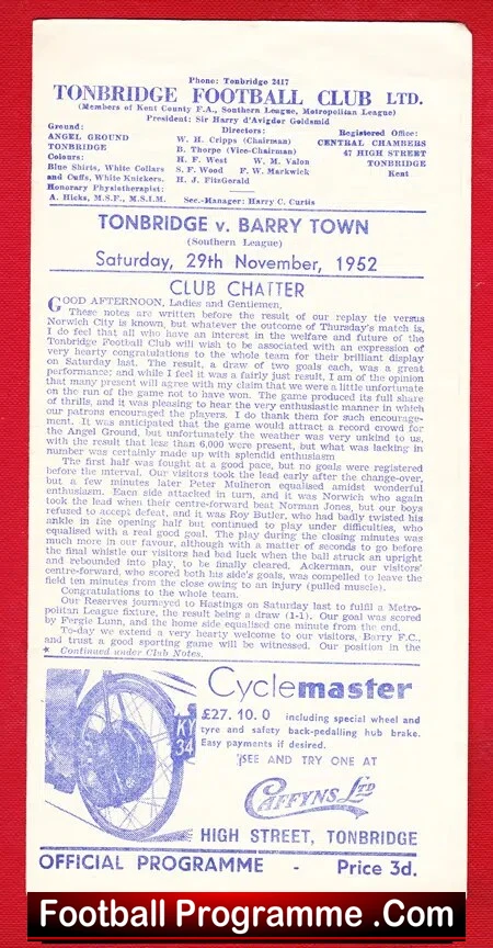 Tonbridge v Barry Town 1952