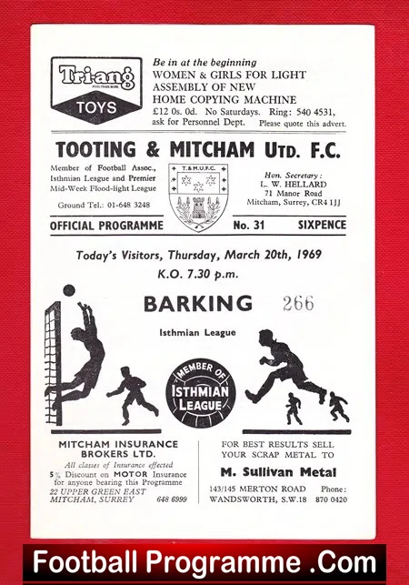 Tooting Mitcham United v Barking 1969