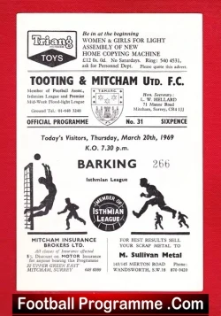 Tooting Mitcham United v Barking 1969