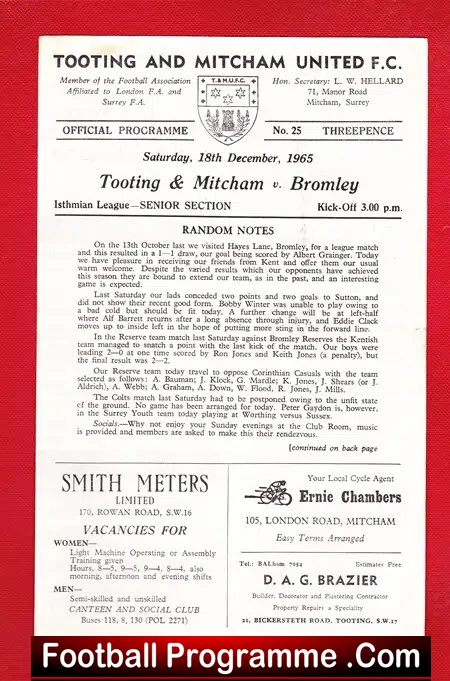 Tooting Mitcham United v Bromley 1965