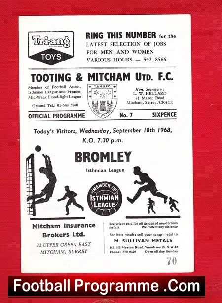 Tooting Mitcham United v Bromley 1968