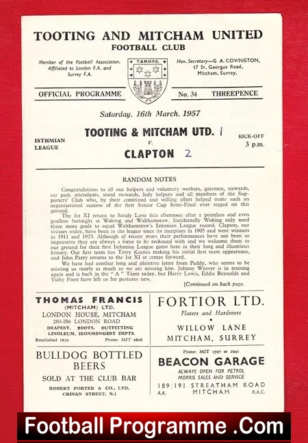 Tooting Mitcham United v Clapton 1957