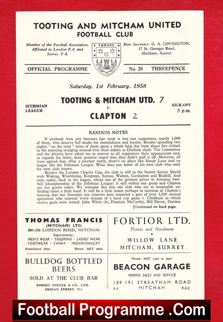 Tooting Mitcham United v Clapton 1958