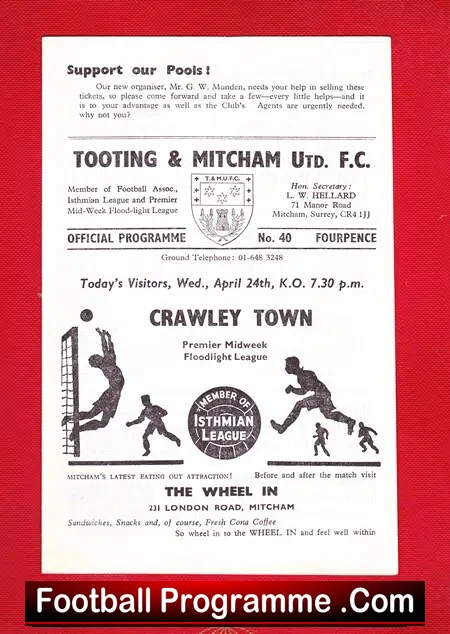 Tooting Mitcham United v Crawley Town 1968