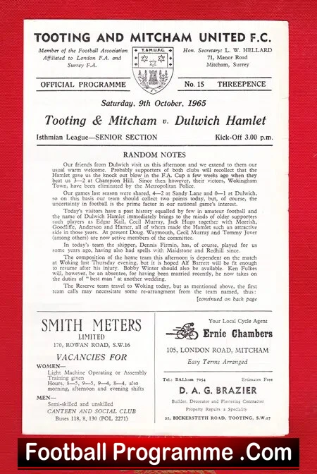 Tooting Mitcham United v Dulwich Hamlet 1965