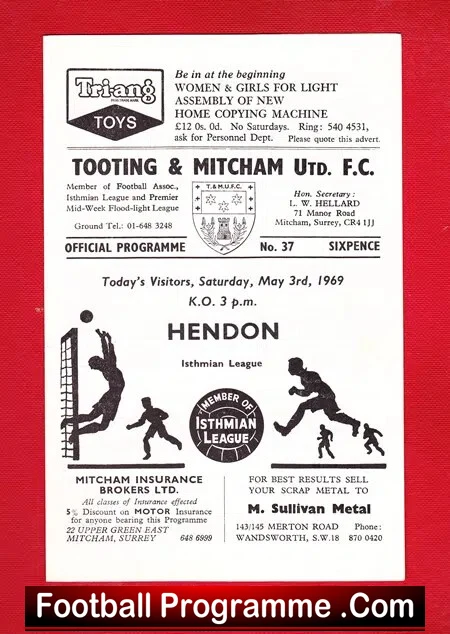 Tooting Mitcham United v Hendon 1969
