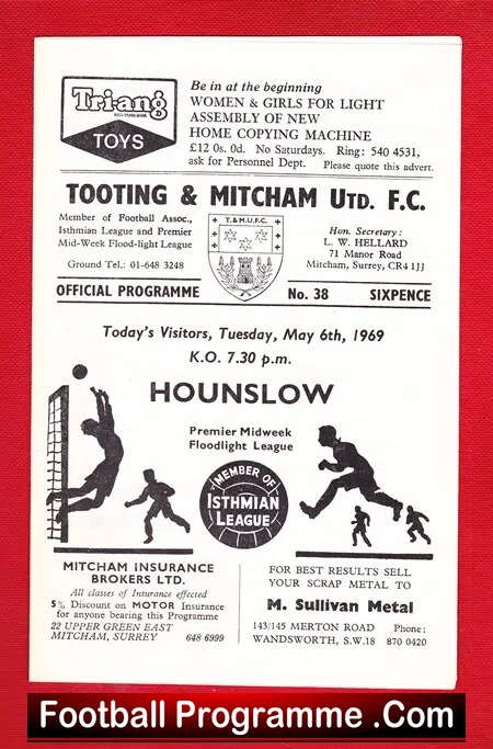 Tooting Mitcham United v Hounslow Town 1969