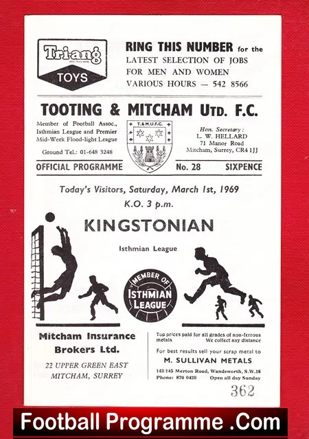 Tooting Mitcham United v Kingstonian 1969