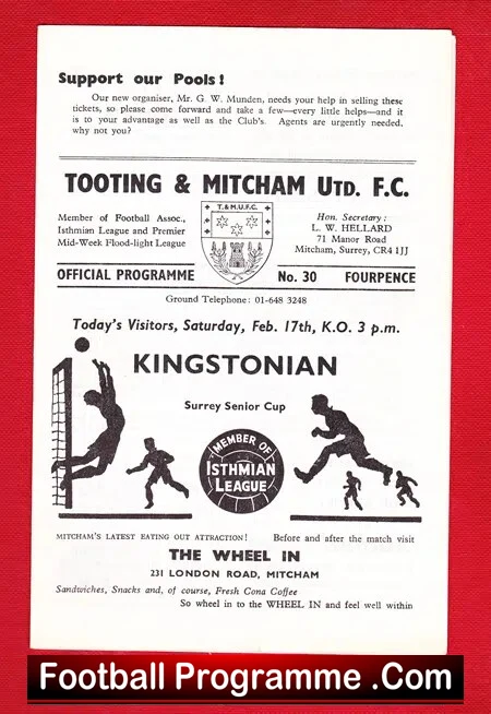 Tooting Mitcham United v Kingstonian 1968