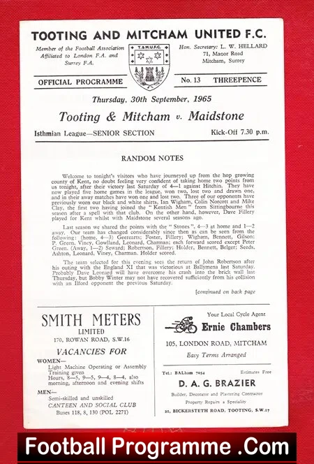 Tooting Mitcham United v Maidstone United 1965