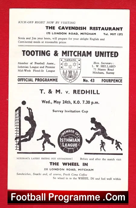 Tooting Mitcham United v Redhill 1967 – Surrey Invitation Cup