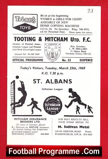 Tooting Mitcham United v St Albans City 1969