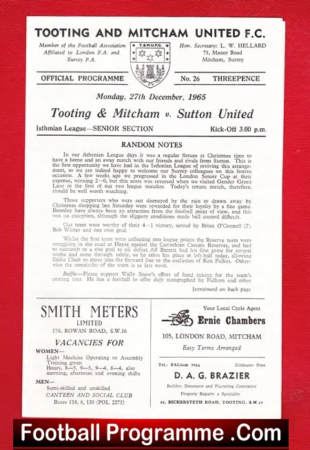 Tooting Mitcham United v Sutton United 1965