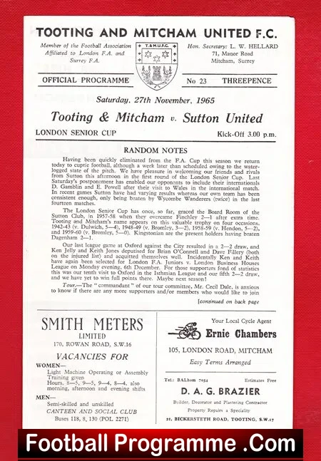 Tooting Mitcham United v Sutton United 1965 – Plus Sheet