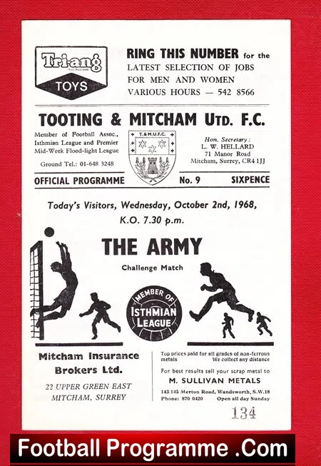 Tooting Mitcham United v The Army 1968