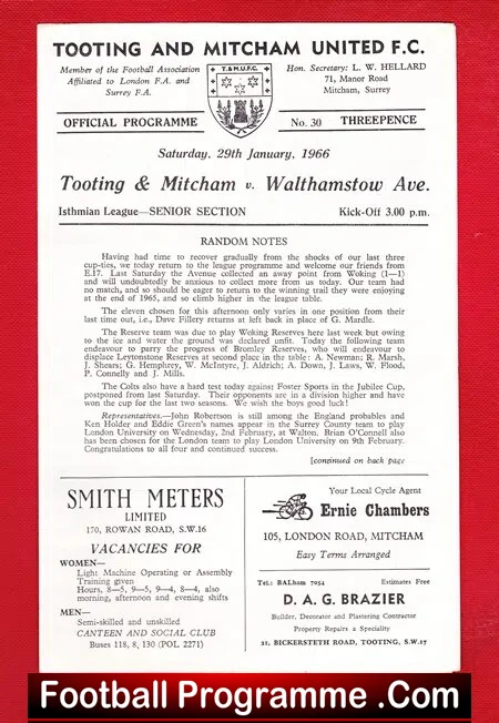 Tooting Mitcham United v Walthamstow Avenue 1966