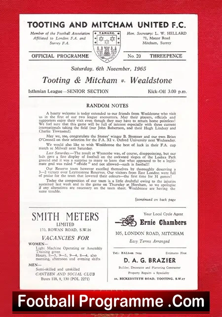 Tooting Mitcham United v Wealdstone 1965