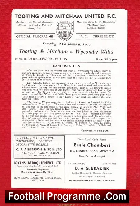 Tooting Mitcham United v Wycombe Wanderers 1965