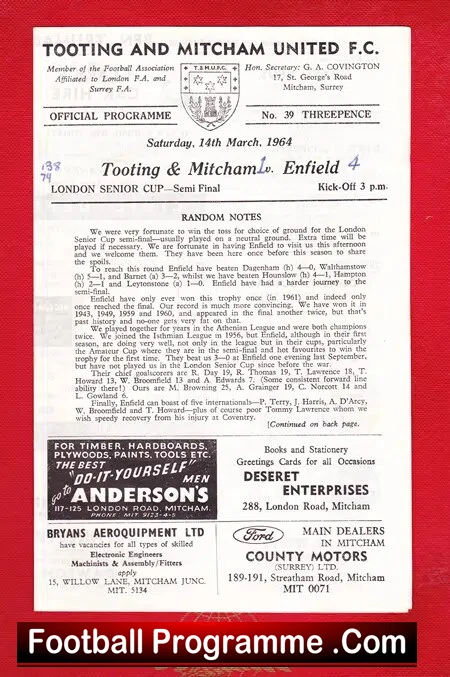 Tooting Mitcham v Enfield 1964