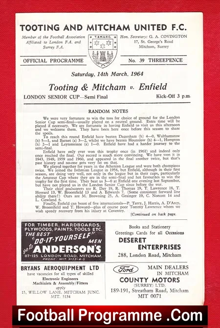 Tooting Mitcham v Enfield 1964 – London Senior Cup Semi Final