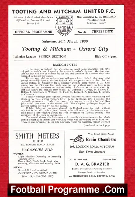 Tooting Mitcham v Oxford City 1966