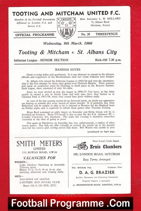 Tooting Mitcham v St Albans City 1966