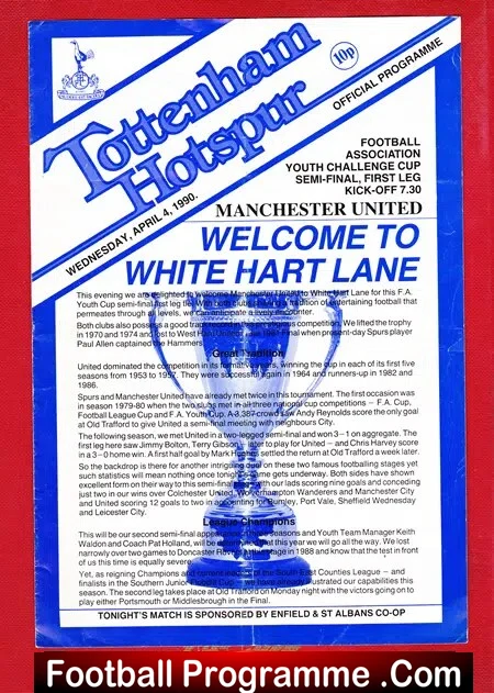 Tottenham Hotspur v Manchester United 1990 Cup Semi Final Youth