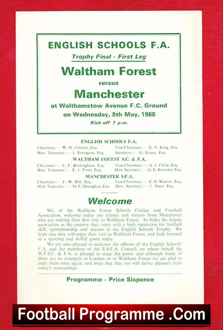 Waltham Forest v Manchester 1968 - School Boys Trophy Cup Final