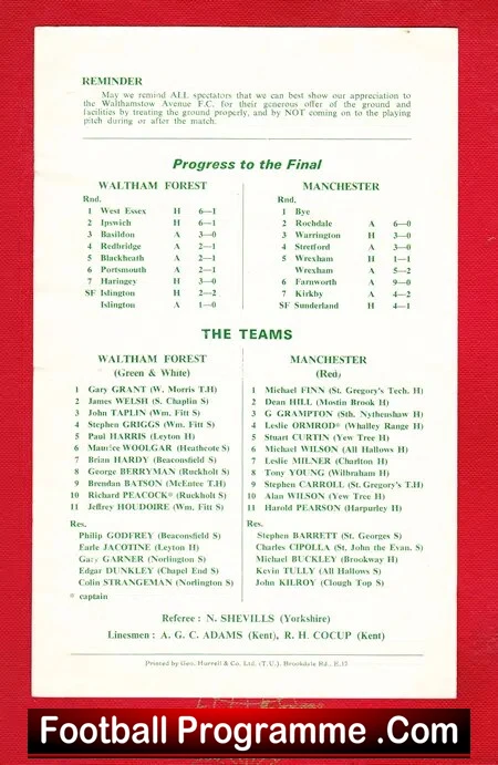 Waltham Forest v Manchester 1968 - School Boys Trophy Cup Final
