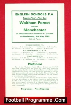 Waltham Forest v Manchester 1968 - School Boys Trophy Cup Final - football programme