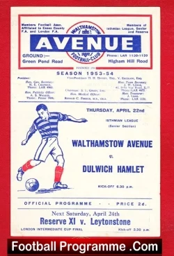 Walthamstow Avenue v Dulwich Hamlet 1954 - football programme