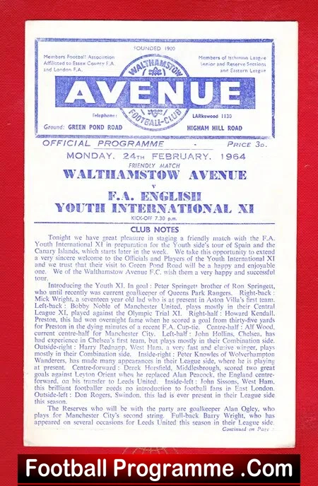Walthamstow Avenue v England Youth 1964 – Friendly Match Rednapp