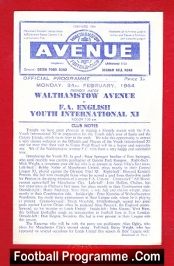 Walthamstow Avenue v England Youth 1964 – Friendly Match Rednapp