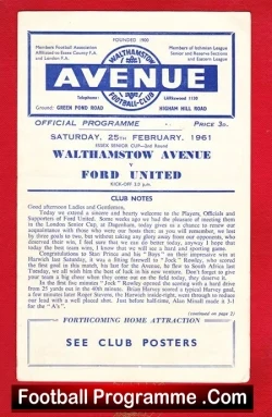 Walthamstow Avenue v Ford United 1961 - Essex Senior Cup - football programme